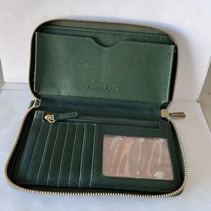 Michael Kors Dark Green Zip Up Wallet 7 Card Slots and Separated Cash Folder